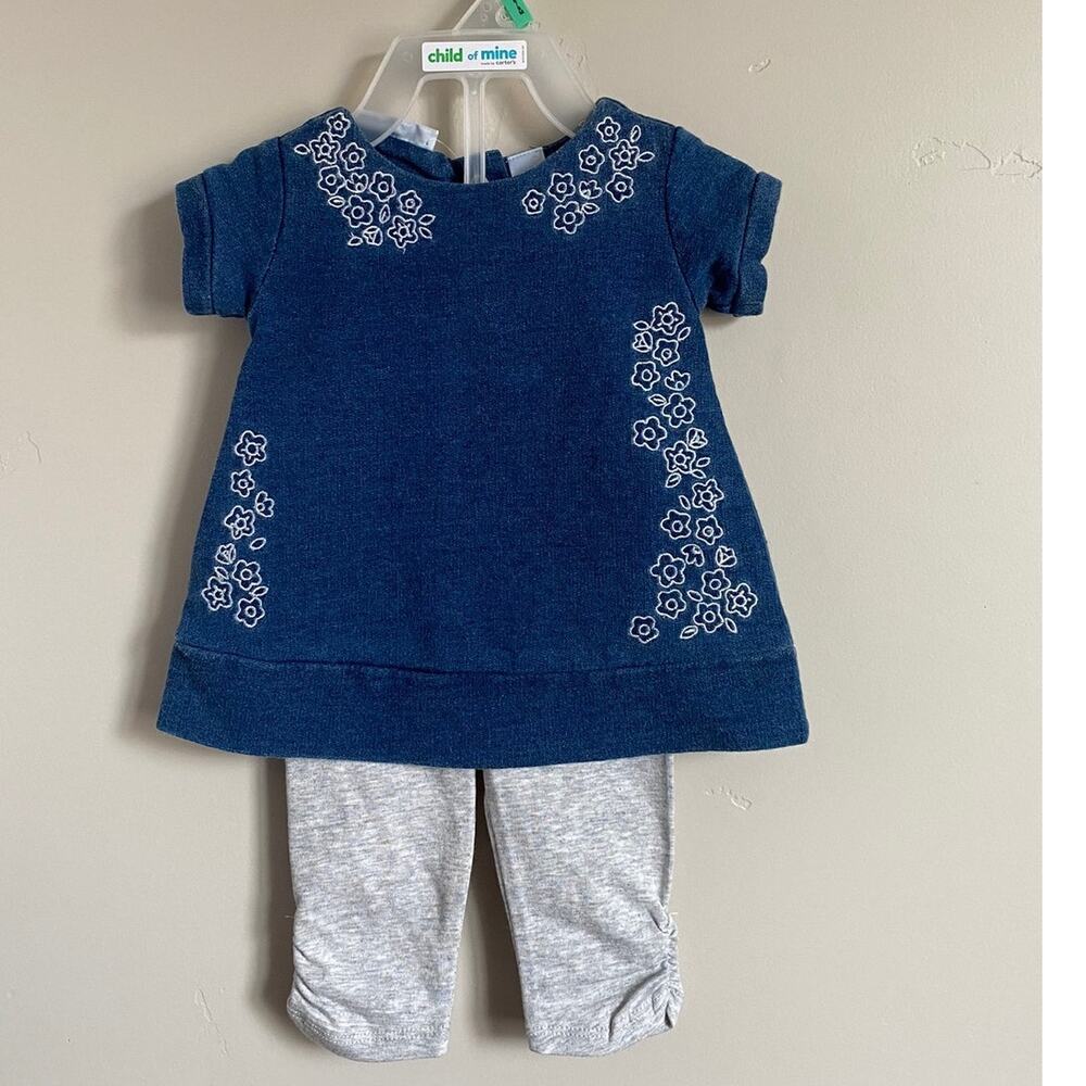 First Impressions Baby Girl Soft Denim Top and Gray Leggings Outfit Sz 0-3m NWT